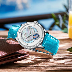 LOBINNI Women Skeleton Automatic Mechanical Watch Luxury Brand Sapphire Shell Dial Genuine Leather Wristwatch Female Clock 5ATM
